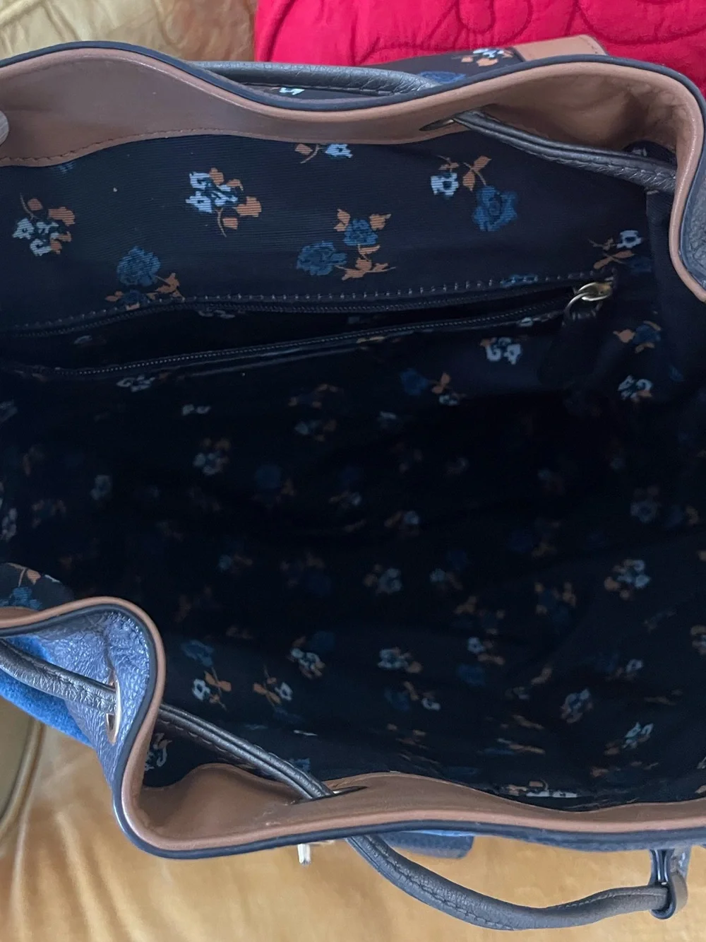 COACH Billie Blue Denim Leather Turnlock Drawstring Backpack F25883